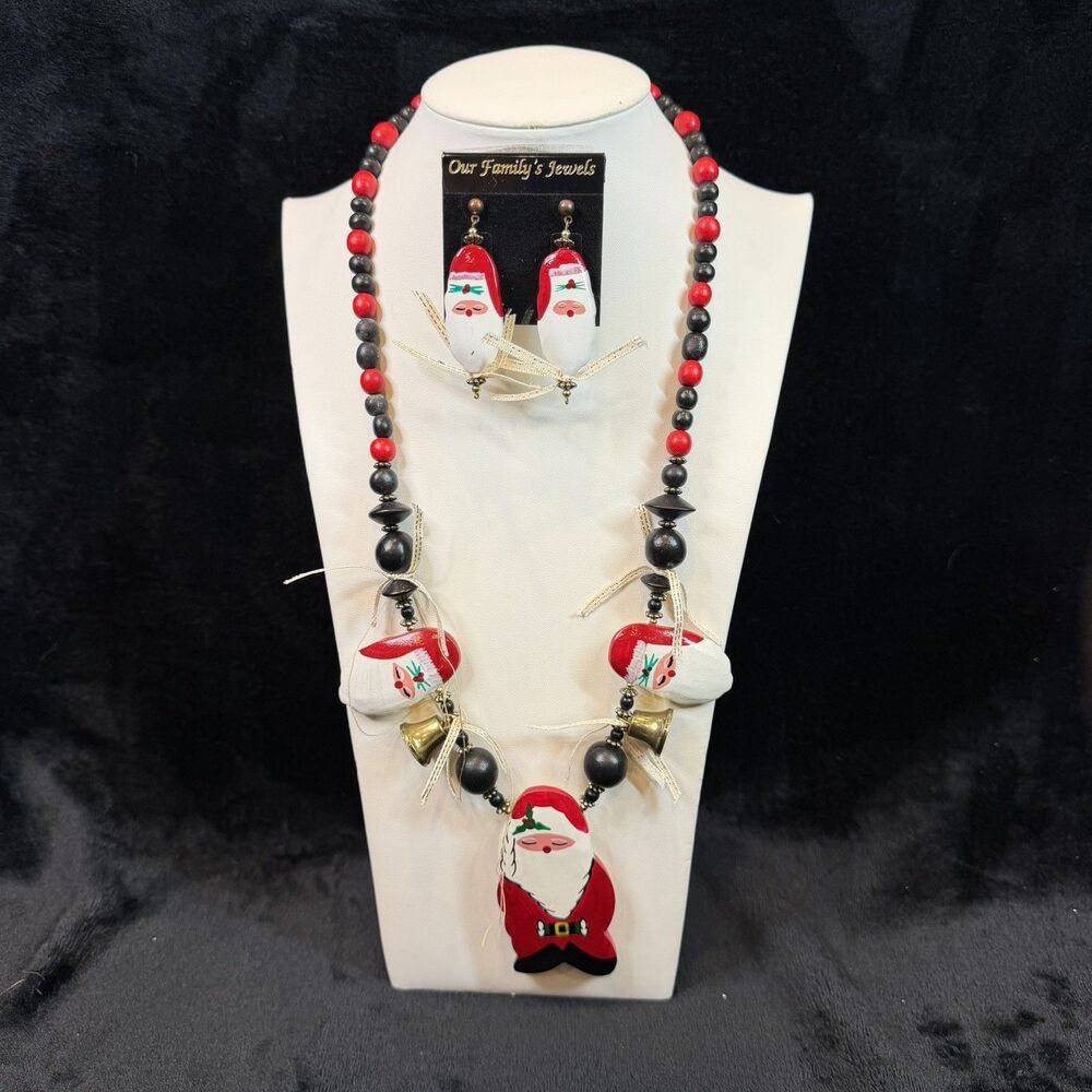 Christmas Santa Ornaments Beaded Chunky Statement Necklace Earrings Lightweight